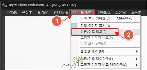 DPP에서 조정 이전의 원본과 조정 이후의 사진을 비교하는 방법 - 이전/이후 비교