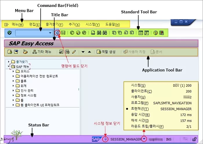 SAP GUI 화면의 기본 구성 요소(메뉴바, 명령어 필드, 표준 툴바 등)