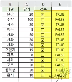 엑셀에서 체크박스를 활용한 예제 - TRUE, FALSE 표시