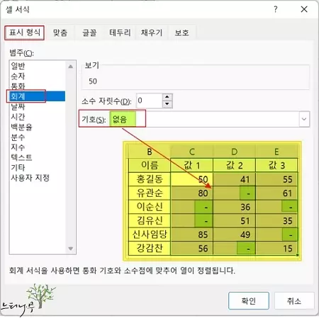 엑셀에서 셀 서식의 표시 형식을 사용하여 0 값을 하이픈(-)으로 변경하는 방법 2