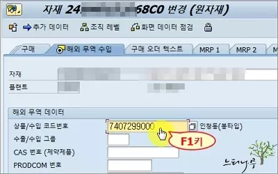 SAP 자재관리(MM01, MM02, MM03)에서 HS코드 유지보수 화면으로 이동 - 상품/수입 코드번호