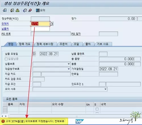 SAP 고객 보류 처리된 경우 판매오더 생성 불가