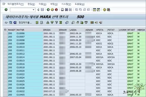 SE16(데이타브라우저)에서 선택 조건으로 검색된 결과 화면