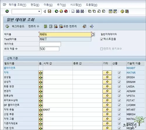 SE16N(일반 테이블 조회)의 초기화면