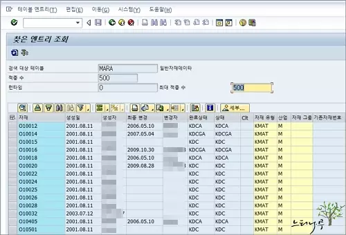 SE16N(일반 테이블 조회)에서 선택 조건으로 검색된 결과 화면