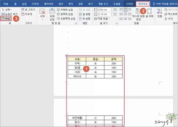 MS Word에서 삽입한 표가 두 페이지로 나뉘어지지 않도록 하는 방법 - 레이아웃 속성