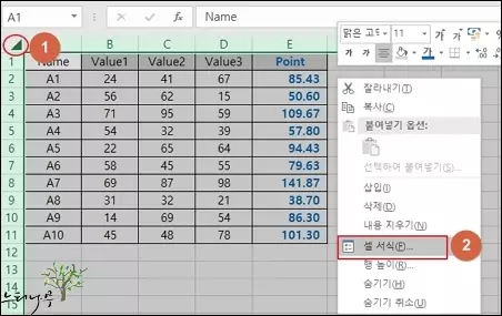 엑셀 시트의 모든 셀을 시트 보호로 처리하여 서식을 숨기는 방법 1