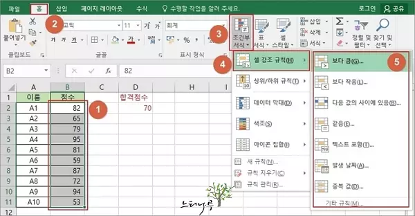 엑셀에서 조건부 서식을 사용하기 - 셀 강조 규칙 1