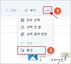 윈도우11 파일 탐색기의 즐겨찾기에서 최근에 사용한 파일 또는 폴더 목록을 지우는 방법 - 옵션 선택