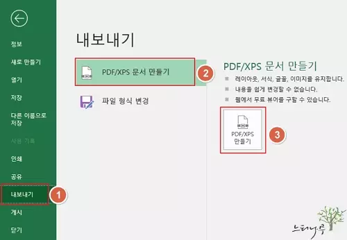 엑셀에서 내보내기 메뉴를 사용하여 PDF/XPS 문서 만들기로 저장하는 방법