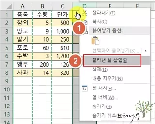 엑셀 시트에서 열(Column)을 이동하는 방법 - 잘라내기 및 잘라낸 셀 삽입 2