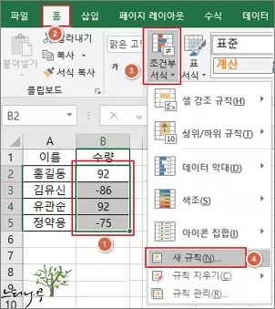 엑셀에서 조건부 서식으로 음수를 빨간색으로 표시하는 방법 - 새 규칙 선택