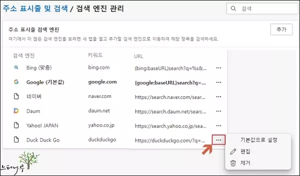 Microsoft Edge 브라우저의 기본 검색 엔진을 변경 및 추가 하는 방법 - 검색 엔진 편집