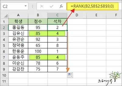 엑셀에서 RANK 함수로 순위(석차)를 구하는 방법