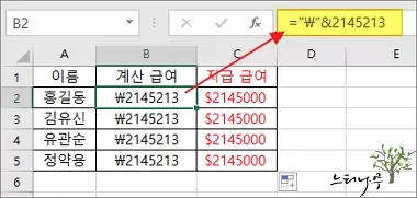 엑셀에서 통화 기호 문자를 문자열로 연결해서 통화 기호를 추가하는 방법