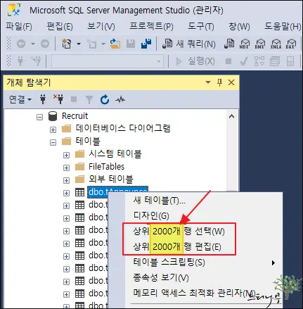 Read more about the article SQL Server 개체 탐색기 상위 n개 행 선택 또는 편집 명령의 값 변경 방법(SSMS)