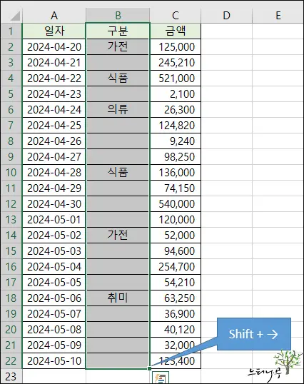 엑셀에서 빈 셀이 있는 열 전체 선택 방법 2가지(간단한 단축키 사용방법) 6