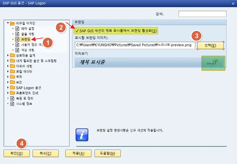 SAP GUI 타이틀 바(Title Bar)에 자체 로고를 표시하는 방법(GUI 730 버전 이상) 5