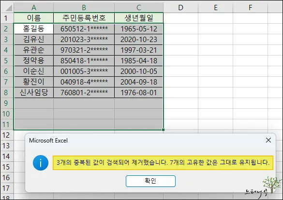 엑셀 중복 행 삭제 방법 - 중복된 항목 제거 3