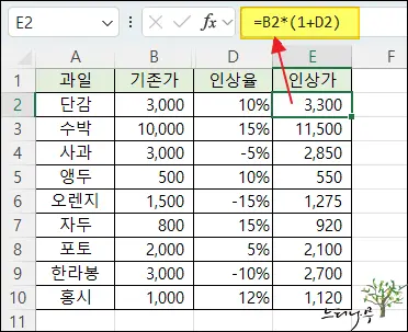Read more about the article Excel 엑셀에서 숫자에 백분율을 더하거나 빼기 방법(백분율 연산)