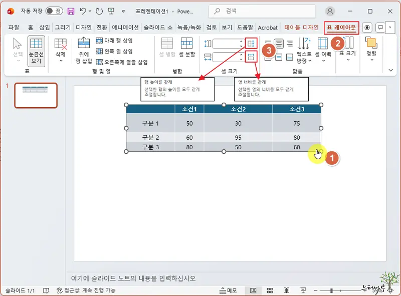 Read more about the article PowerPoint 파워포인트 표에서 행 높이, 열 너비를 모두 같게 조절하는 방법(표 레이아웃)
