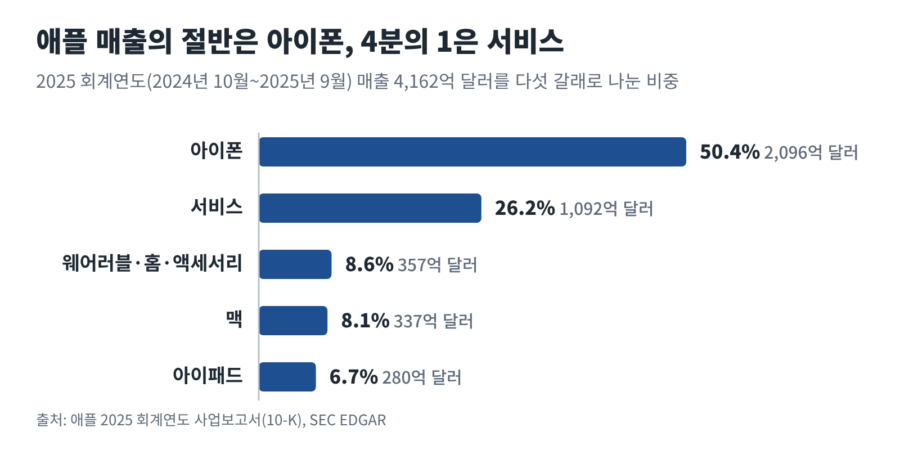 애플 기업분석: 2025 회계연도 매출 구성, 아이폰 50.4%, 서비스 26.2%, 웨어러블·홈·액세서리 8.6%, 맥 8.1%, 아이패드 6.7%